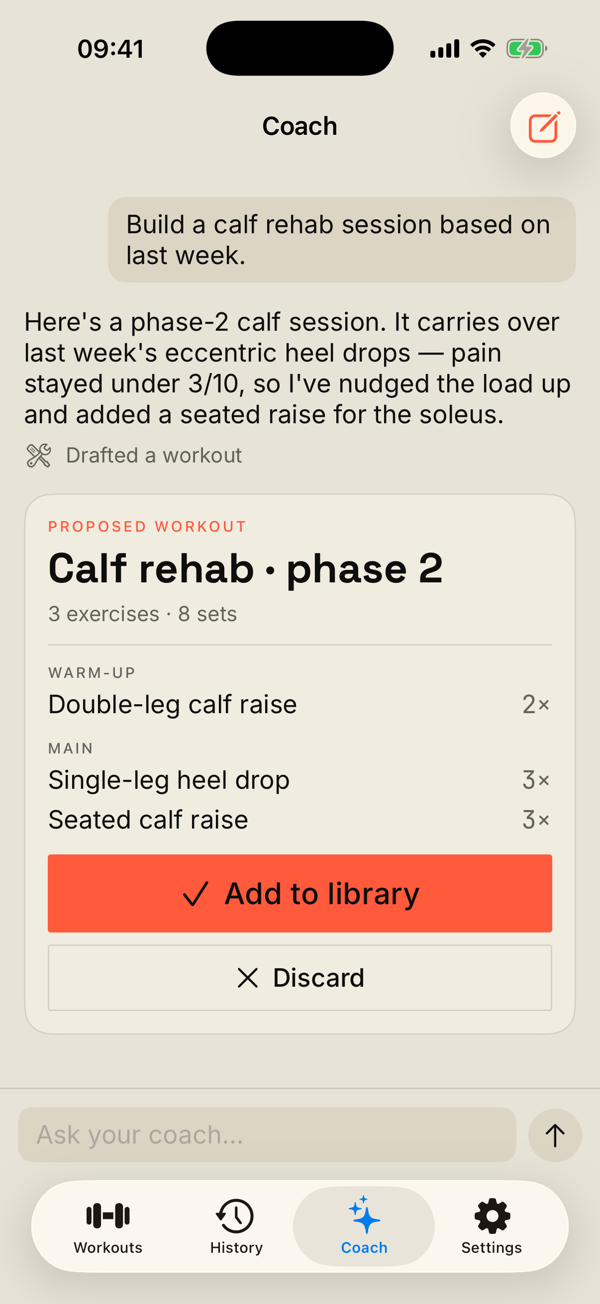 Aski in-app AI coach: a chat that drafts a calf rehab workout to accept or discard.