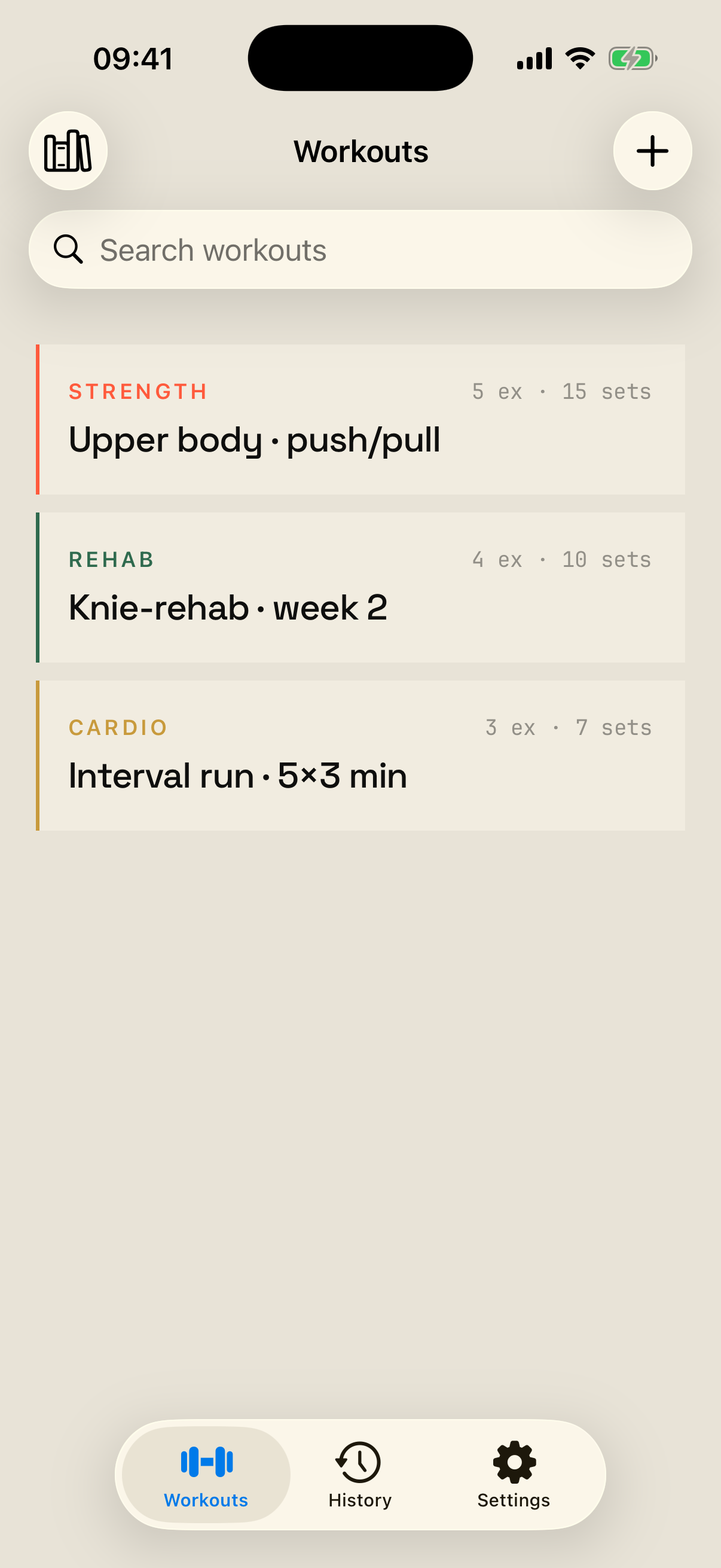 Aski workouts list: strength, rehab and cardio sessions ready to start.