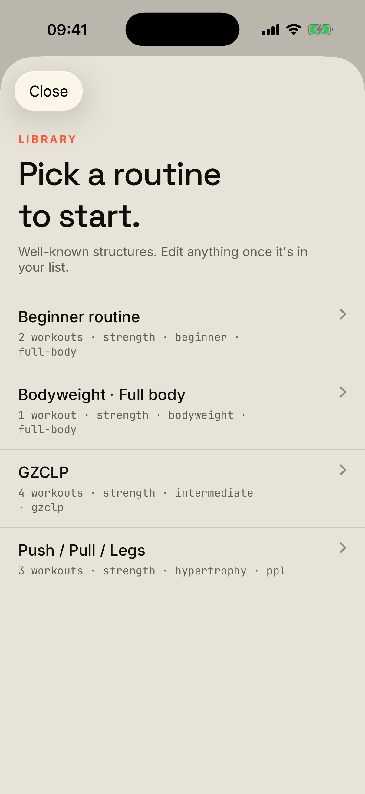 Aski routine library: curated PPL, GZCLP, beginner and bodyweight routines to add.