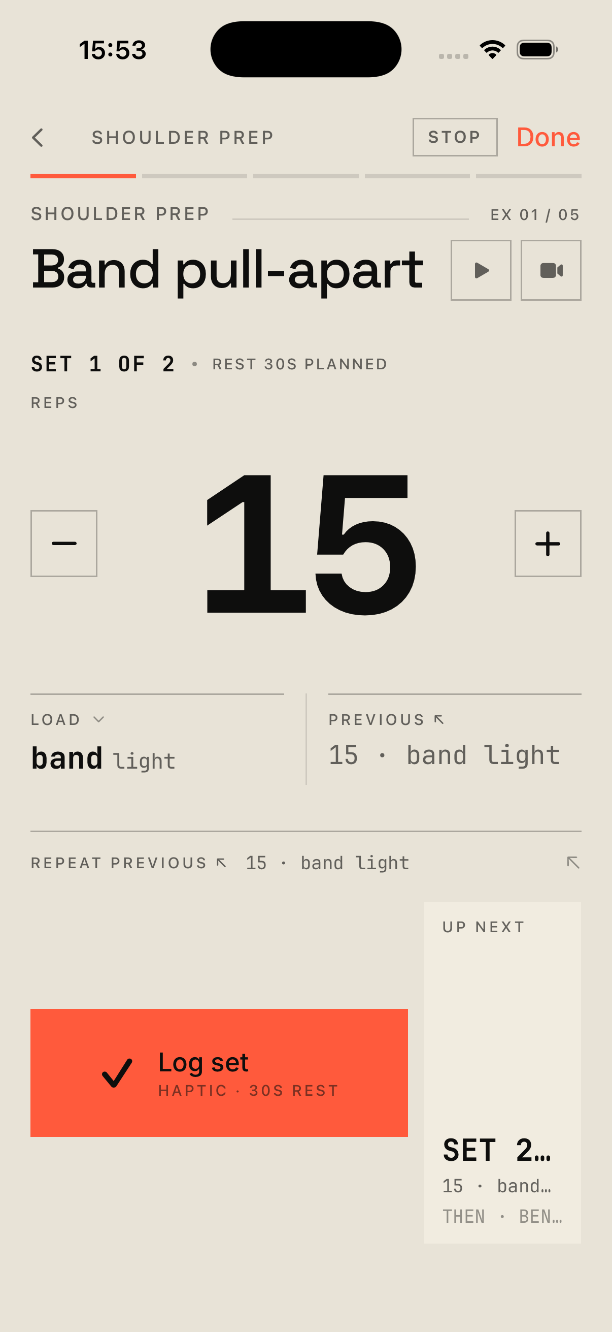 Coach mid-set: large rep count and weight, previous set ghosted beneath, coral checkbox.